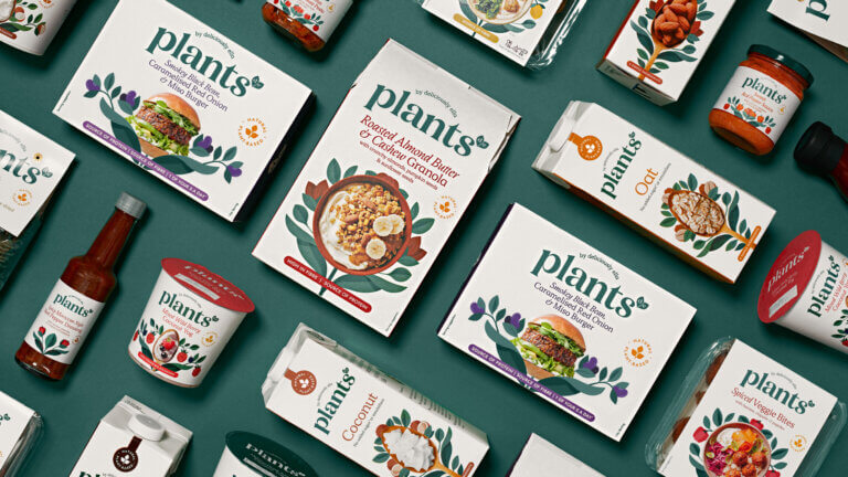 Brand identity, brand architecture and packaging design for Plants by Deliciously Ella, an exclusive plant-based food range for Waitrose