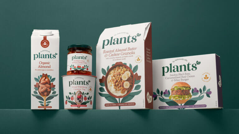 Brand identity, brand architecture and packaging design for Plants by Deliciously Ella, an exclusive plant-based food range for Waitrose